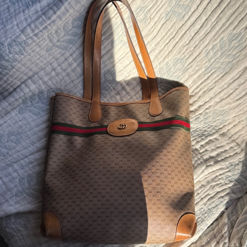 Gucci Vintage Beige and Brown Signature Shopper Tote
